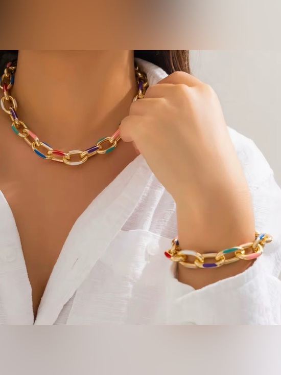 Anthropologie Jewelry - Anthropologie Gold and Multicolor tone
Chain Necklace Bracelet set.